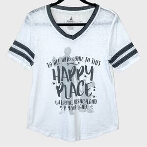 DISNEY PARKS Disneyland happy place v neck paperweight burnout ringer tee small